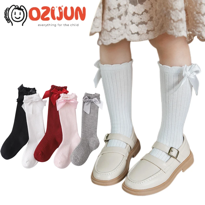 

Spring Fall Baby Girl 0-6 Years Basic Cotton Rib Knee High Socks with Side Grosgrain Bow Jagged Cuff Girls School Uniform Socks