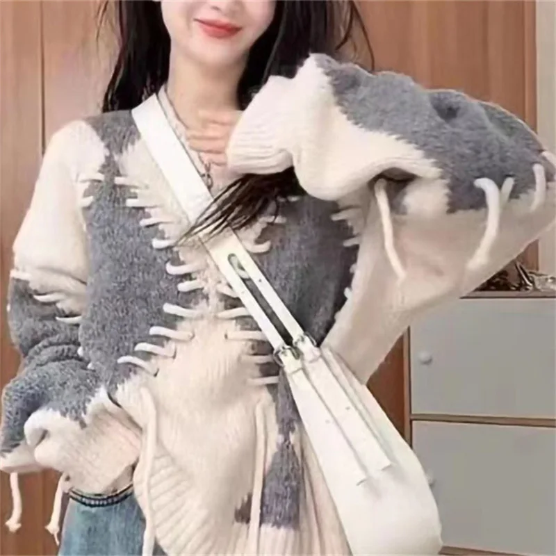 

Diamond Lattice Stitching Contrast Color Sweater Women's 2023 Autumn Winter New Design Sense Niche Sweater Women Sueter