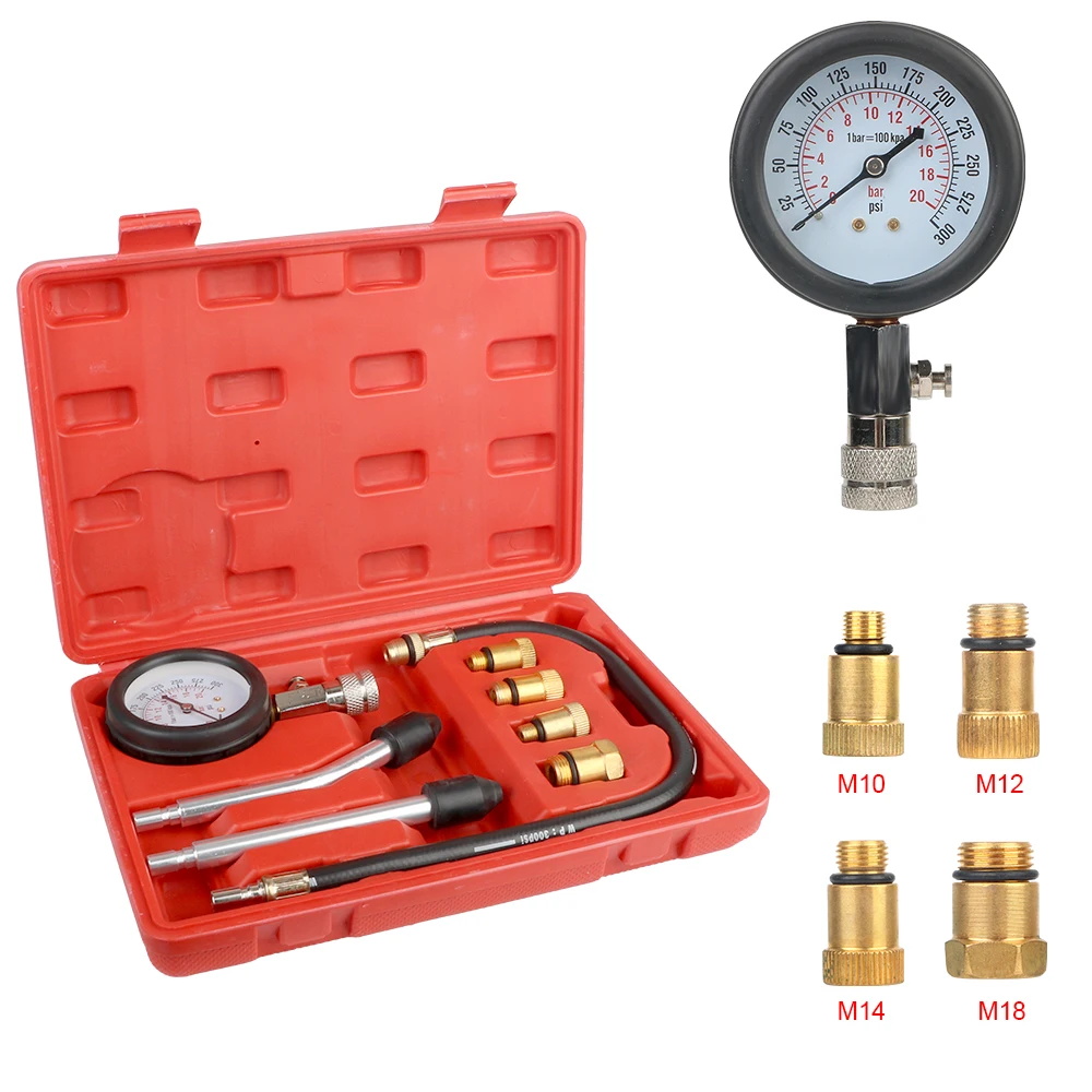 

Automotive Cylinder Tester Kit Gasoline Engine Compression Meter with M10 M12 M14 M18 Adapter Pressure Gauge Auto Tools