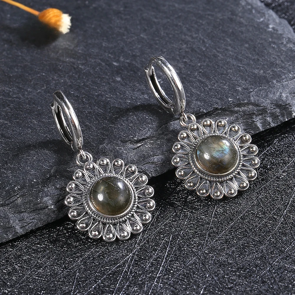 

Flower Shaped Retro 925 Sterling Silver Hoop Earrings Natural Labradorite Earrings Anniversary Party Jewelry Gift for Women
