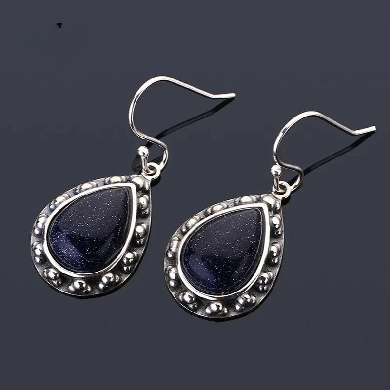 

925 Sterling Silver Drop Earring Vintage Blue Sandstone Earrings for Women Moonstone Jewelry Party Engagement Anniversary Gift