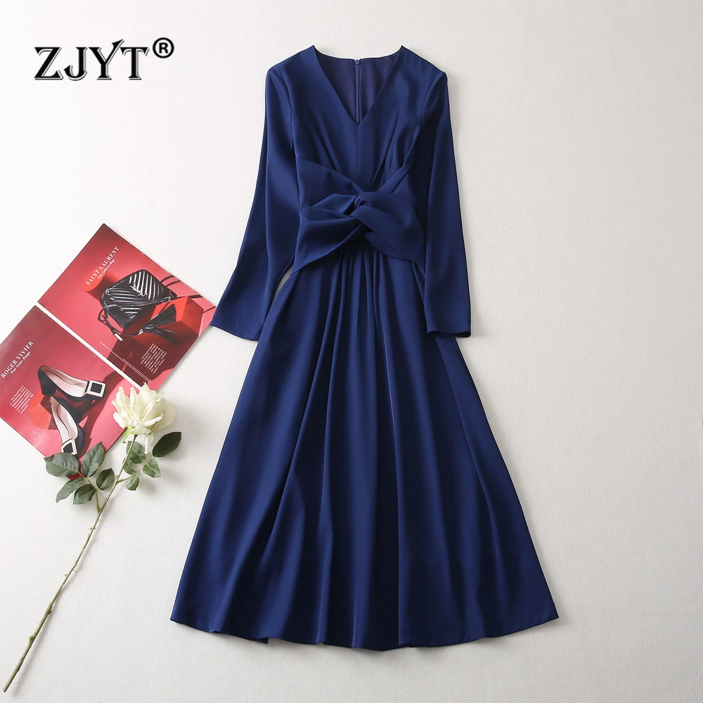

ZJYT Elegant Spring Long Sleeve Dresses for Women V Neck Lace Up Midi Party Dress Deep Blue Casual Aline Vestidos Female Robes