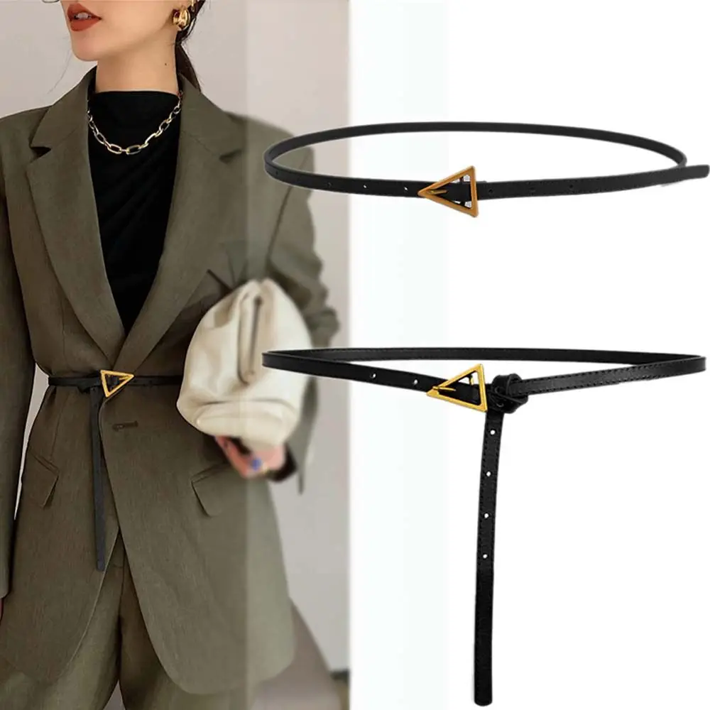 

Simple Wild Vintage Black Thin Waistband PU Leather Women Belts Golden Triangle Buckle