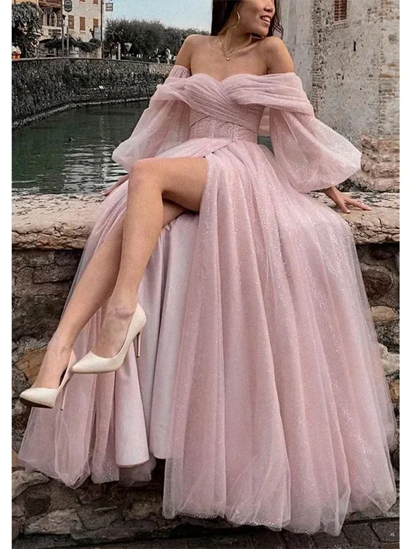 Pink Tulle Detachable Sleeves Long Evening Dresses A-line Off The Shoulder Side Slit Prom Party Gowns
Pink Tulle Detachable Sleeves Long Evening Dresses A-line Off The Shoulder Side Slit Prom Party Gowns