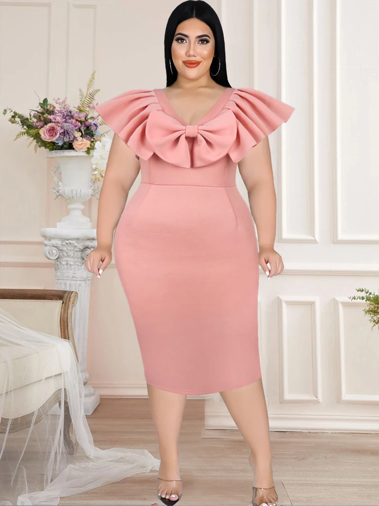 

Pink Elegant Women Dresses V Neck Cape Sleeve Ruffles Lovely Bowtie Slim Fit Summer Midi Birthday Cocktail Event Party Outfits