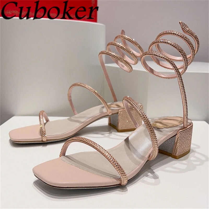 

2024 Summer Hot Sale Snake Circle Chunky Heel Crystal Sandals Women Fashion Open Toe Rome Sandals Sexy Wedding Party Shoes Mujer