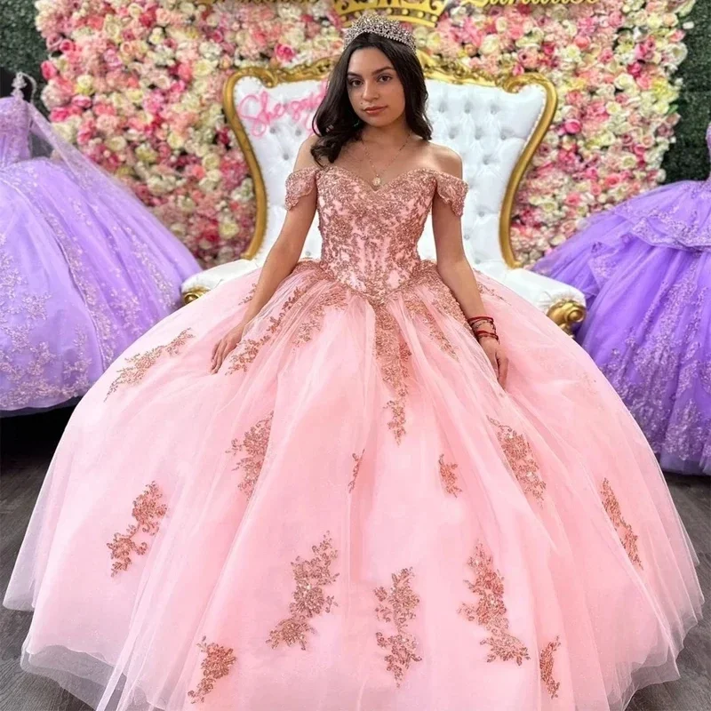 

Розовое платье принцессы с открытыми плечами, Модное бальное платье из тюля с аппликацией, милое фатиновое платье для дня рождения 16 девушек, модель 15 лет