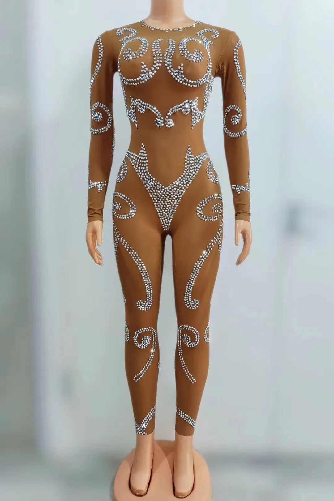 

Sexy Stage Shining AB Color Rhinestones Nude Transparent Jumpsuit Dance Bodysuit Outfit Birthday Performance Singer Club Costume