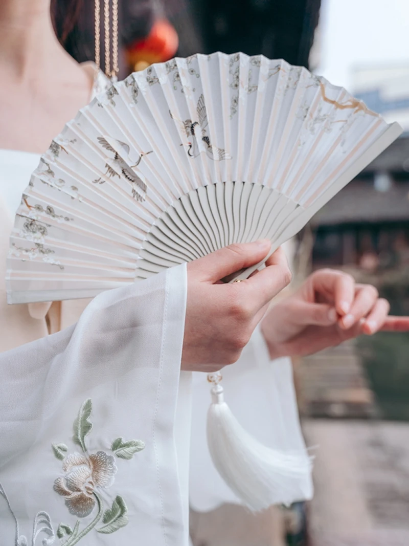 

China Plum Blossom Crane Folding Fan Wedding Hand Fan Cheongsam Hanfu Decorative Fan Dance Lovers Mini Daily Hand Fan Crafts
