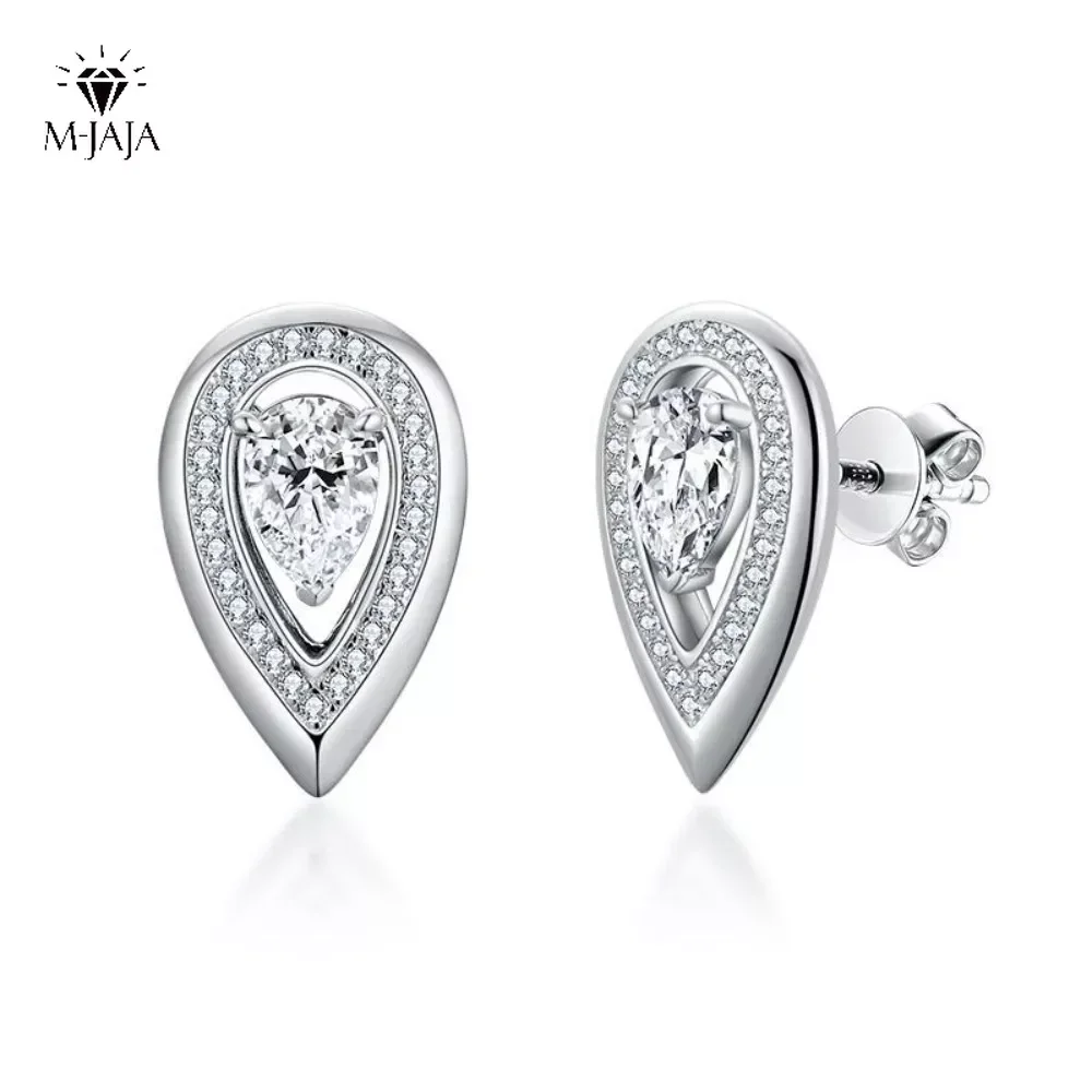 

M-JAJA 4*6mm Full Moissanite Halo Stud Earrings D VVSI 18K White Gold Plated S925 Sterling Silver Pear Cut Lab Diamond Jewelry