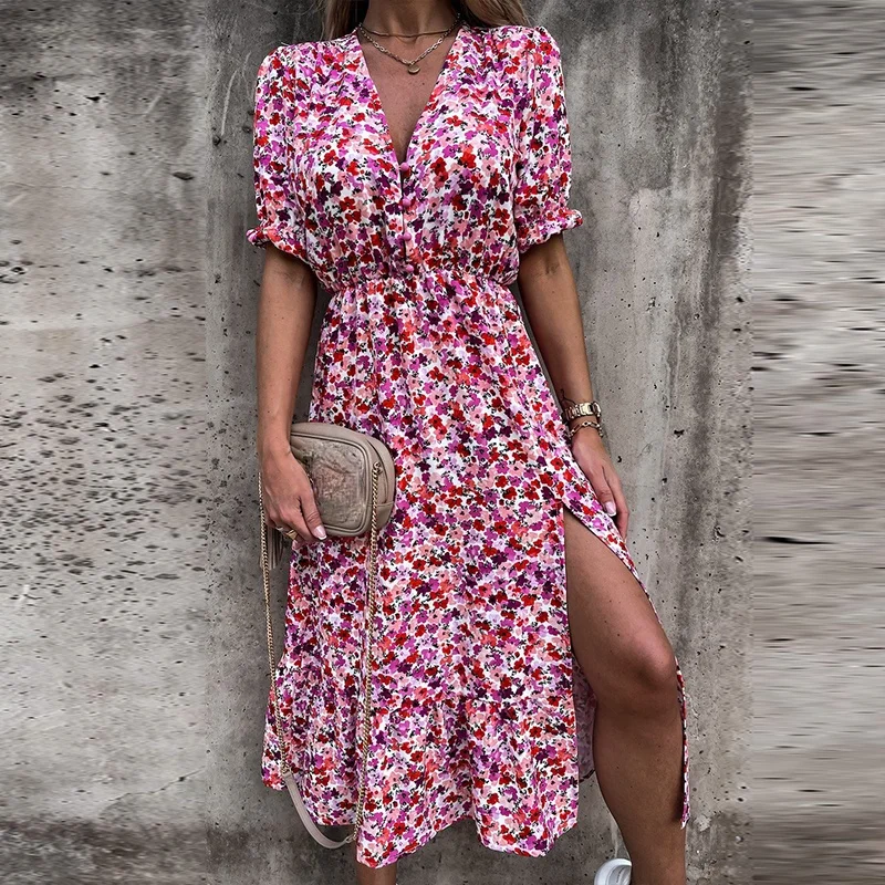 Women New Summer Floral Print Slit Skirt Sexy Button V Neck Short Sleeve Long Dresses Female Casual Elegant Party Dress Vestidos
Women New Summer Floral Print Slit Skirt Sexy Button V Neck Short Sleeve Long Dresses Female Casual Elegant Party Dress Vestidos