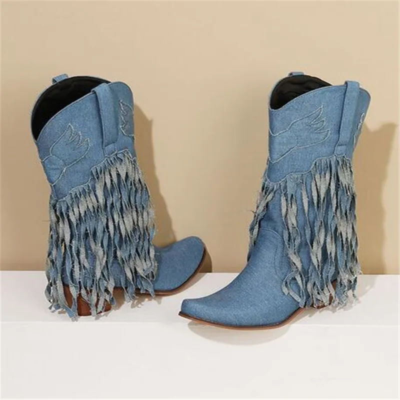 

Cowgirls Cowboy Boots For Women Fringe Love Pattern Chunky Heels Pointed Toe Western Boots Slip On Shoes Female plus size 45