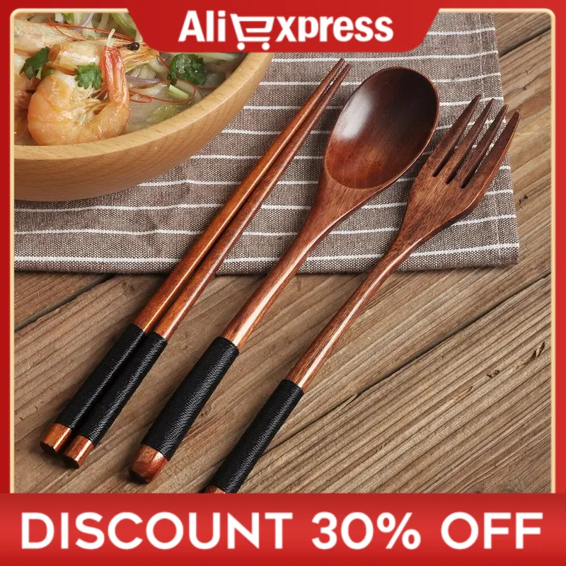 

3 Pieces Japanese Tableware Natural Wood Dinnerware Spoon Chopsticks Fork Portable Tableware Household Kitchen Cutlery Set