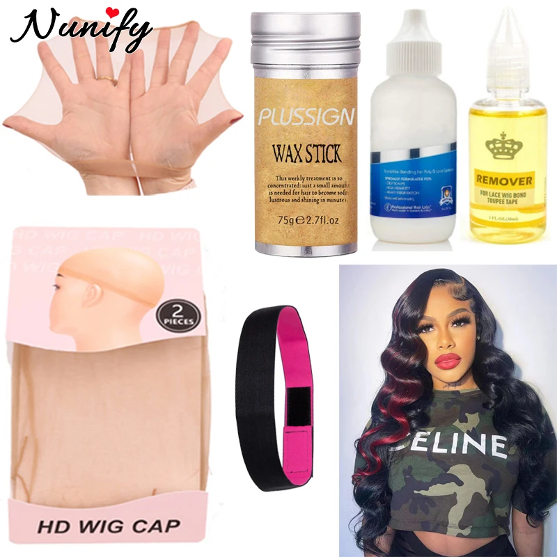 

Wig Install Kit 6Pcs/Lot Hd Stocking Wig Cap With Lace Wig Glue And Remover For Edge Control Adjustable Edge Melt Band Wax Stick