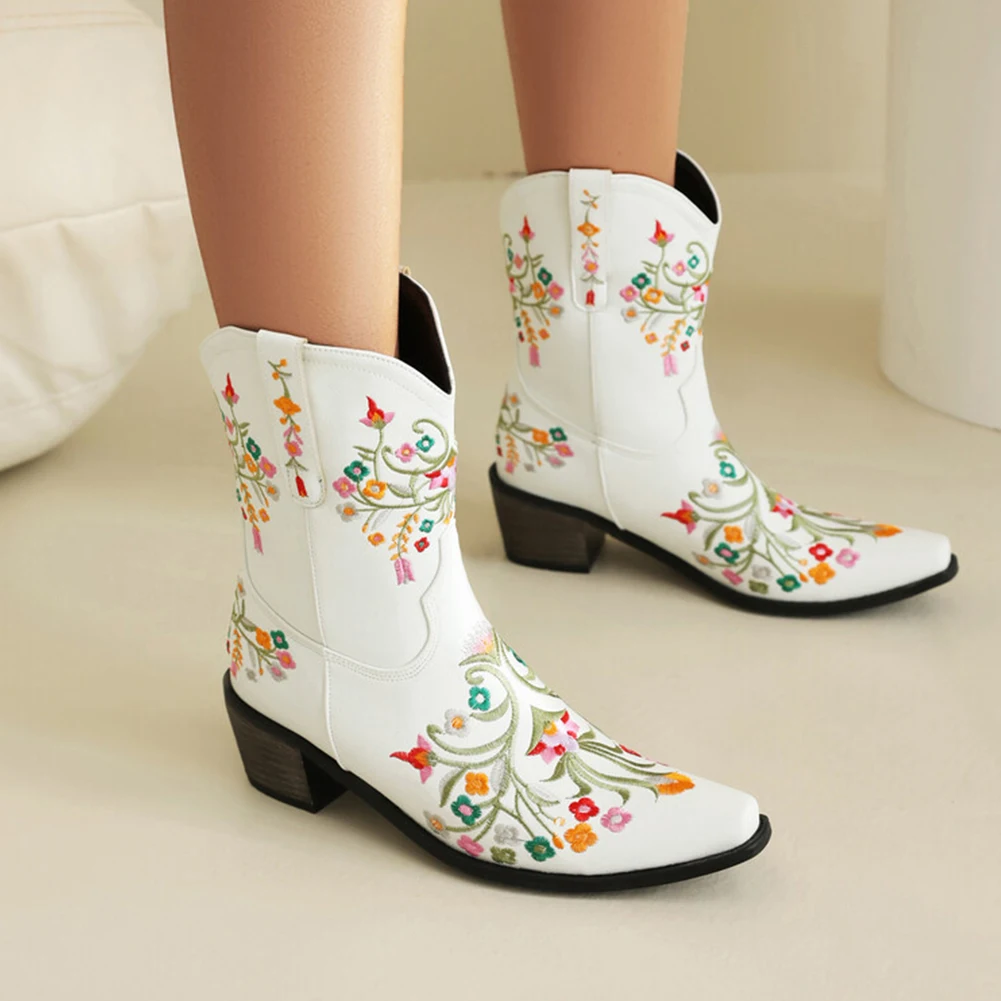 

RIBETRINI High Heeled Ankle Boots For Women Western Flower Embroidered Slip-on Pointed Toed Cowgirls New Fashion Lady Booties