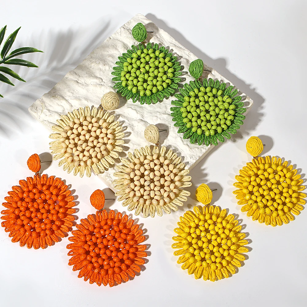 Boho Raffia Flower Drop Earrings - Handmade Rattan Beach Jewelry 2 S8ade38719b7d4d12a2a41d945384c5b6r