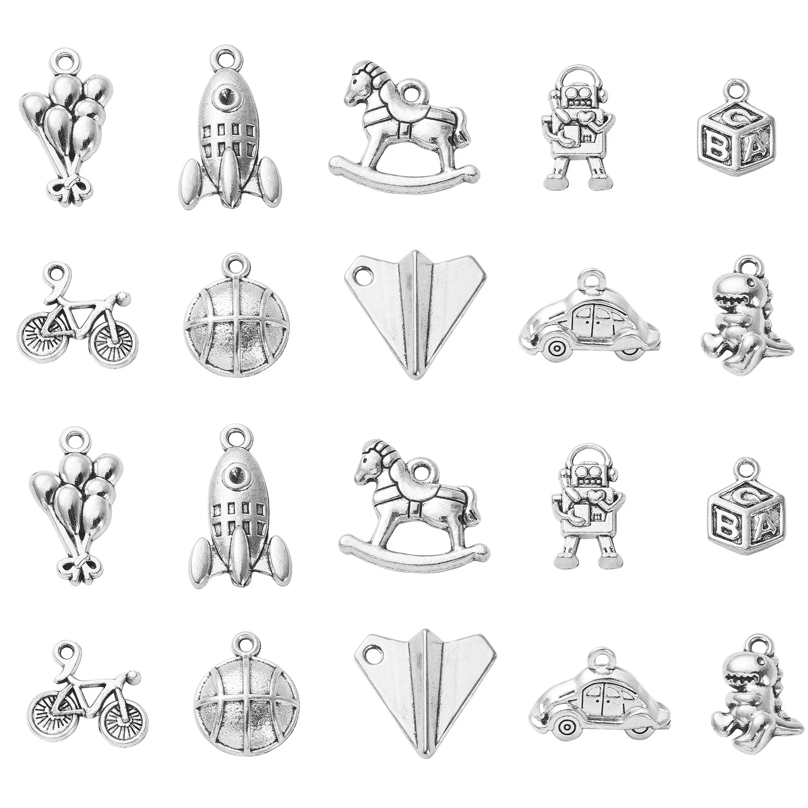 

100Pcs 10 Styles Child Game Charms Baby Theme Charms Tibetan Rocking Horse Balloon Robot Charms for Jewelry Making Bracelets