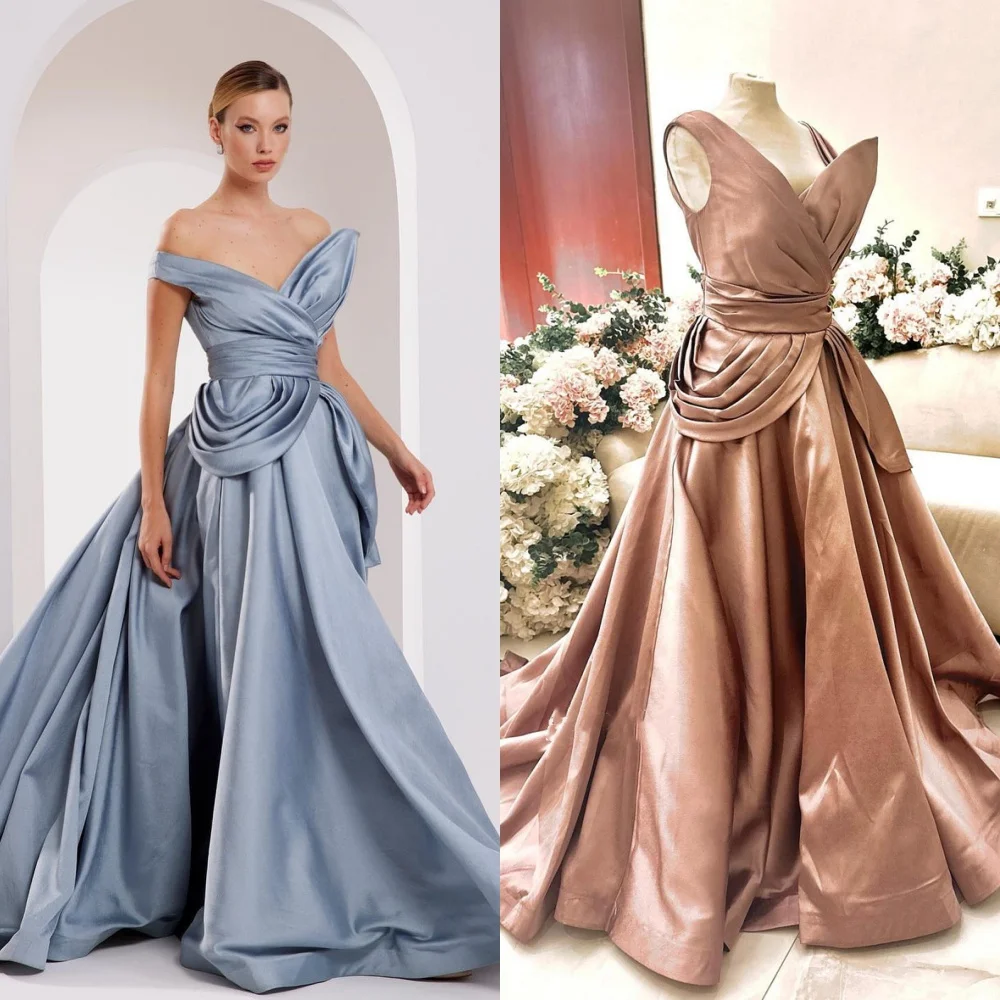 

Prom Dress Satin Draped Pleat Cocktail Party A-line Off-the-shoulder Bespoke Occasion Gown Long Dresses Saudi Arabia Evening