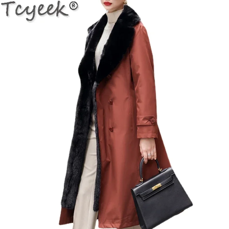 

Tcyeek Women's Winter Coats Mink Fur Collar Long Fur Coat Women Whole Mink Liner Parka Female Trenchcoat Casaco Inverno Feminino