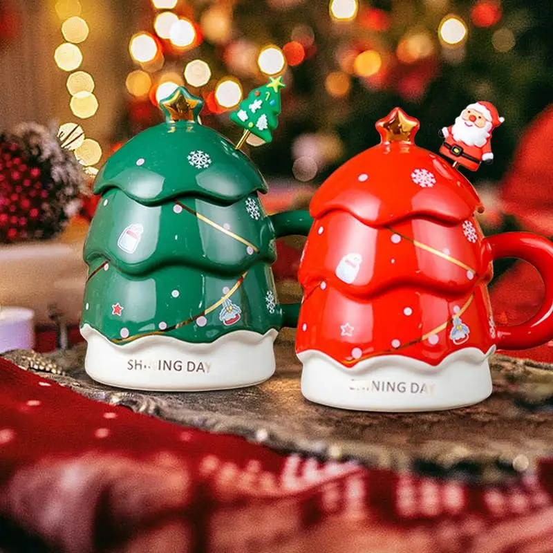 

Christmas Tree Mug Creative Christmas Ceramic Coffee Cup Christmas Decoration With Santa's Teaspoon Tea Drinkware Couples xmas