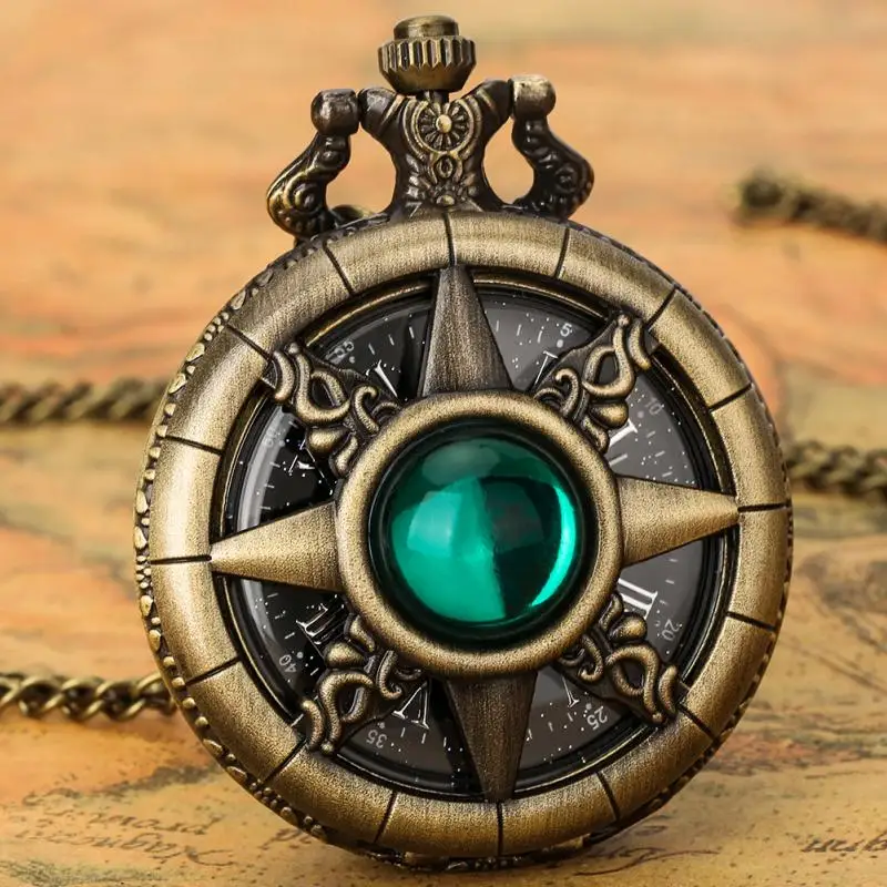 Bronze Diamond-encrusted Green Emerald Stone Hollow Rudder Design Quartz Pocket Watch Vintage Hollow Starry Sky Dial Chain Clock
Bronze Diamond-encrusted Green Emerald Stone Hollow Rudder Design Quartz Pocket Watch Vintage Hollow Starry Sky Dial Chain Clock