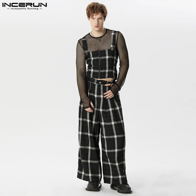 

Модные повседневные мужские комплекты INCERUN 2024, клетчатые квадратные женские длинные брюки с широкими штанинами, уличная одежда, мужские горячие продажи, комплекты из двух предметов