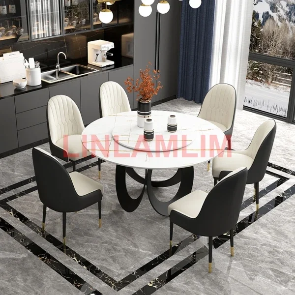 MANBAS Dining Room Furniture, Sintered Stone Table Set Featuring 6 Leather Chairs and Stainless Steel Design / Kitchen Furniture MANBAS Dining Room Furniture, Sintered Stone Table Set Featuring 6 Leather Chairs and Stainless Steel Design / Kitchen Furniture