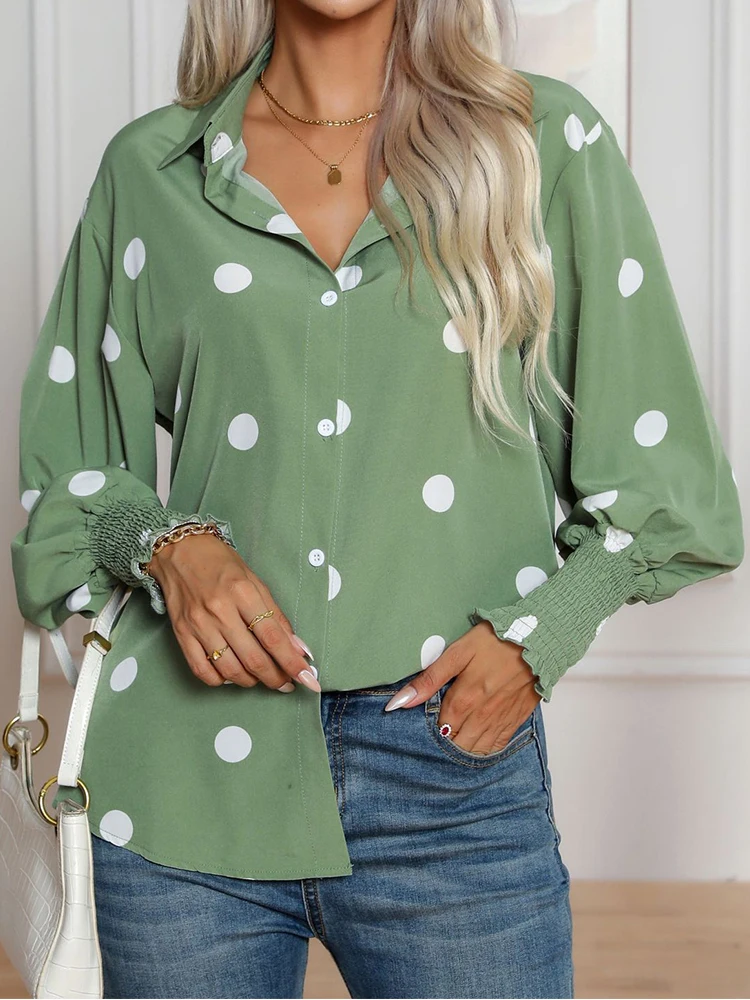 

Green Shirt Women Lantern Sleeve Polka Dot Print Blouse Female Casual Loose Single Breasted Tops Elegant Fashion Spring Blusas