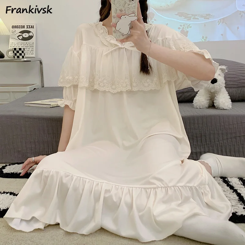 

Lace Spliced Nightgowns Women Advanced Cozy Sweet Exquisite Puff Sleeve Stylish Schoolgirls Nighty Versatile French Style Retro