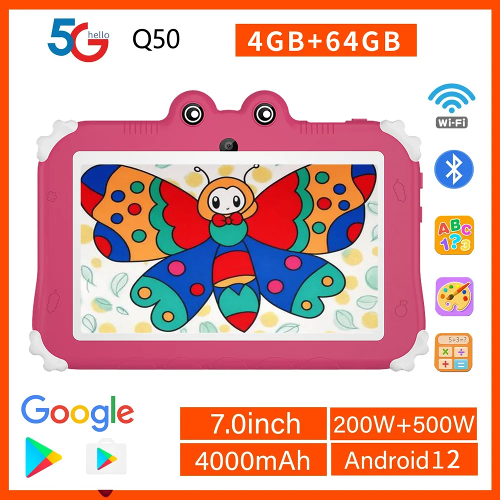 

New edition 7.0 inch kids tablet pc Android 12 OS 4GB RAM 64GB ROM 4000mAh Battery Built in children's software 5G WIFI