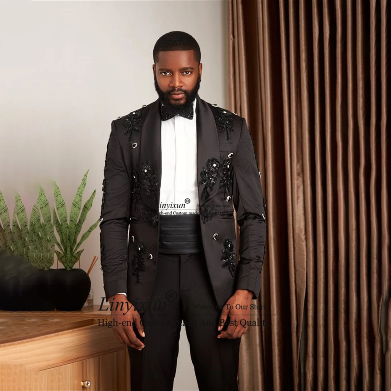 Мужской Атласный смокинг с отложным воротником, черный костюм с бусинами, комплект из 2 предметов, мужской облегающий костюм
