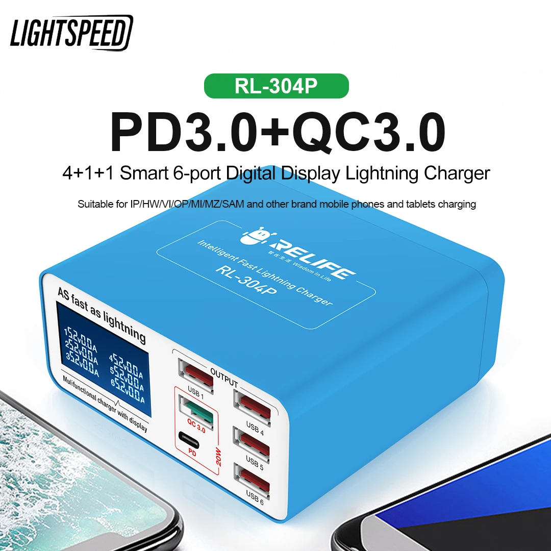 

RELIFE RL-304P Smart 6-Port USB Digital Display Lightning Charger PD3.0+QC3.0 for All Mobile Phones And Tablet Charging Support