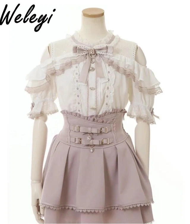 

Cute Woman Lolita Shirt Japanese Fashion New Sweet All Matching Mass Produced Mine Tied Off Shoulder Lace Ruffle Sleeve Bow Tops
