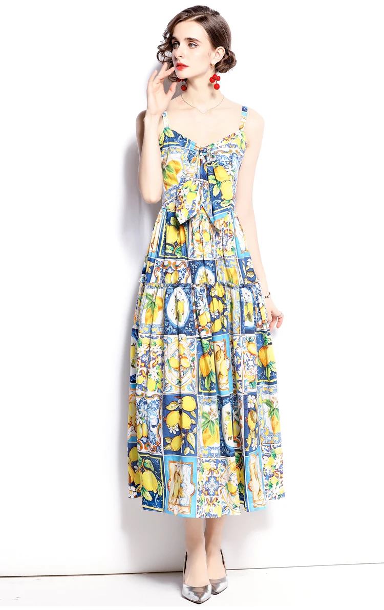 

Hot Sale Porcelain Lemon Printed Bowknot Dress Women's Spaghetti Strap Backless Beach Bohemia Long Party Vestidos