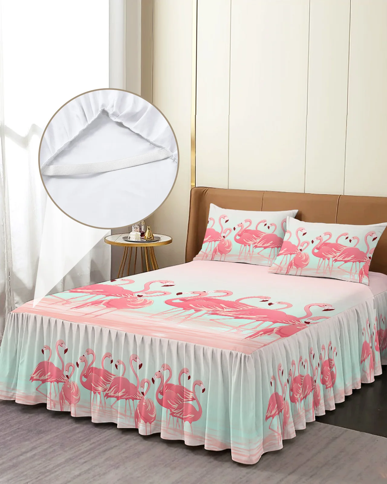 

Tropical Animal Flamingo Bed Skirt Elastic Fitted Bedspread With Pillowcases Bed Protector Mattress Cover Bedding Set Bed Sheet