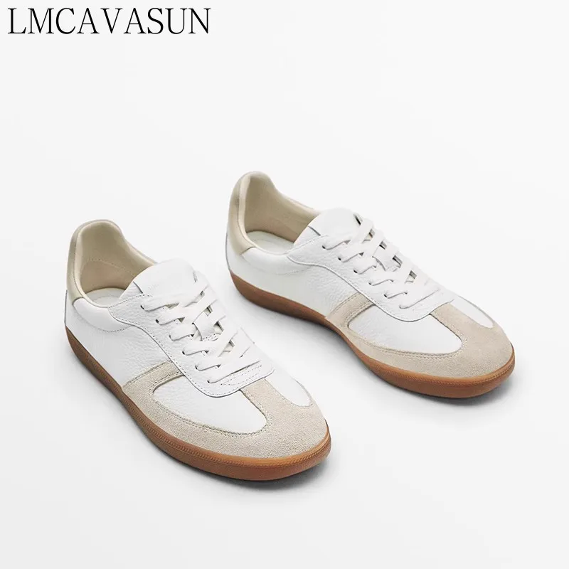 

LMCAVASUN 2023New Women Fashion Genuine Leather Round Head Flat Sneaker Simple Color Matching Casual Versatile Shoes Female Chic