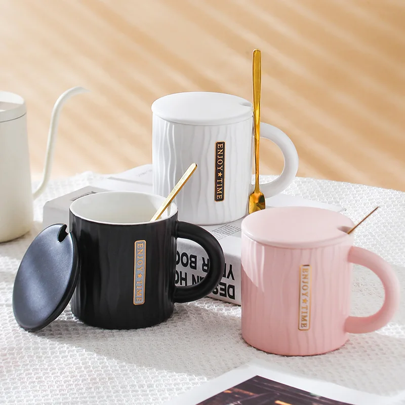 

400ml Cute Ceramic Mug with Lid Spoon Breakfast Milk Mugs Juice Cup Large Coffee Cup Home Office Couple Water Cup Drinkware