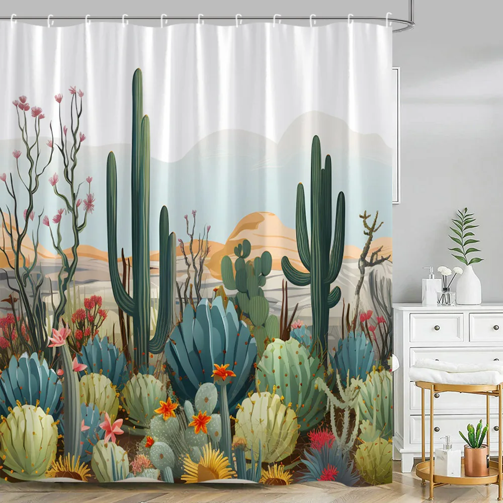 

Tropical Greenery Cactus Shower Curtain Desert Succulent Flower Watercolor Leaf Polyester Fabric Bathroom Home Decor Curtains