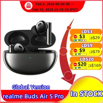 글로벌 버전 realme buds 에어 5 프로 TWS 이어폰, 50dB 액티브 노이즈 캔슬링, 트루 무선 헤드폰, 블루투스 5.3 LDAC