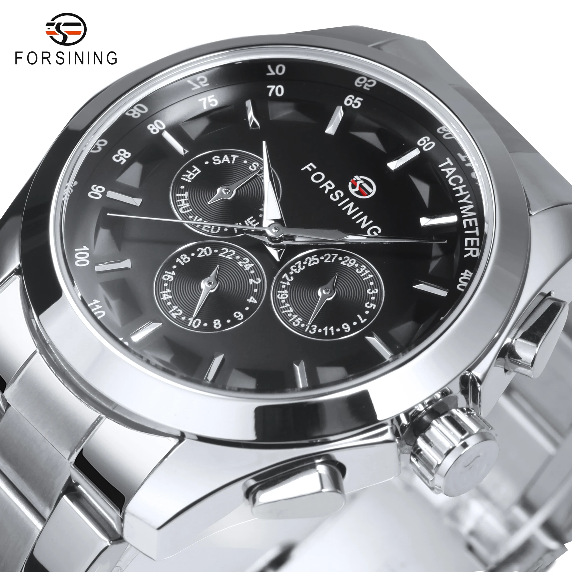 

Forsining Sports Mechanical Watches Date Display Luminous Hands Military Automatic Mens Watch Silver Stainless Steel Strap Clock