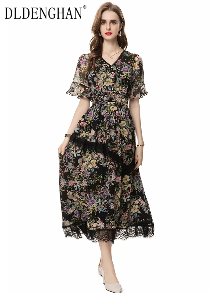 

DLDENGHAN Summer Dress Women's V-Neck Flare Sleeve Flower Print Lace Ruffles Vintage Elastic Waist Dresses Fashion Designer New