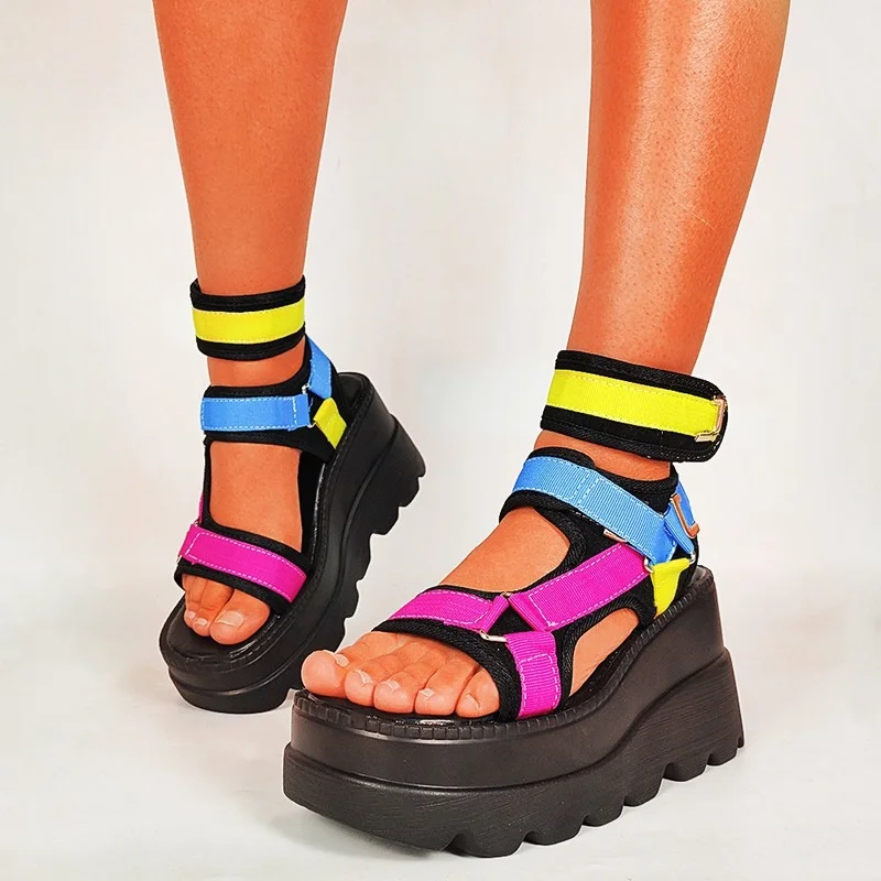 

2022 Summer Women's Platform Gladiator Sandals Women's Melange Shoes Women's Wedge Heels Sandals Open Toe Shoes Buckle Strap