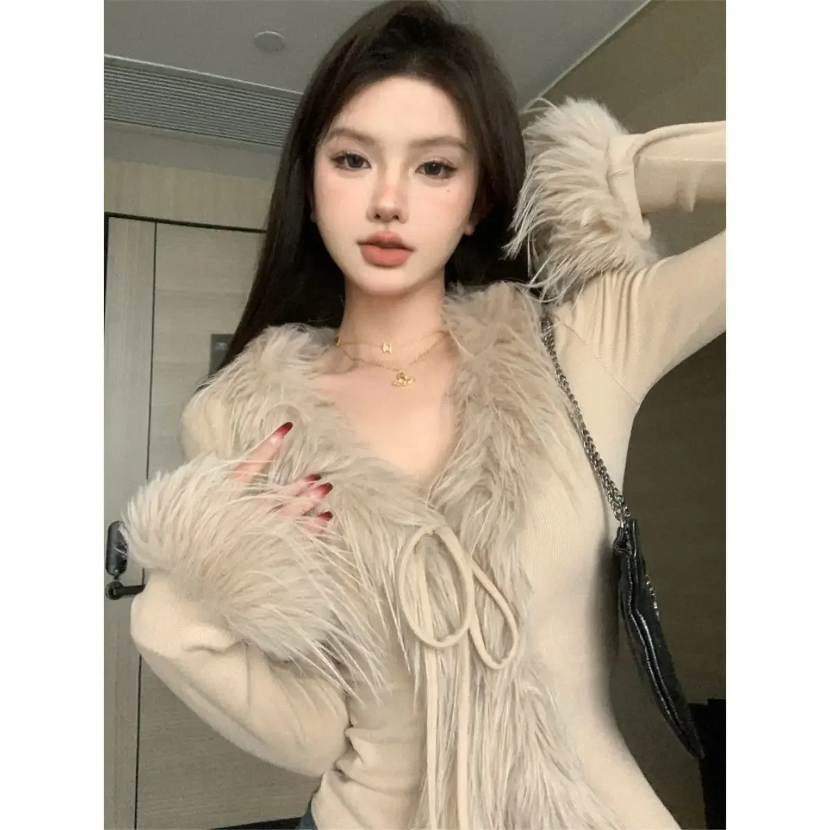 

TPJB New Fur Knitted V-neck Tie Cardigan Women Clothes Cropped Fashion Hot Girls Y2k Tops Korean Atmosphere Slim Fit T-shirts