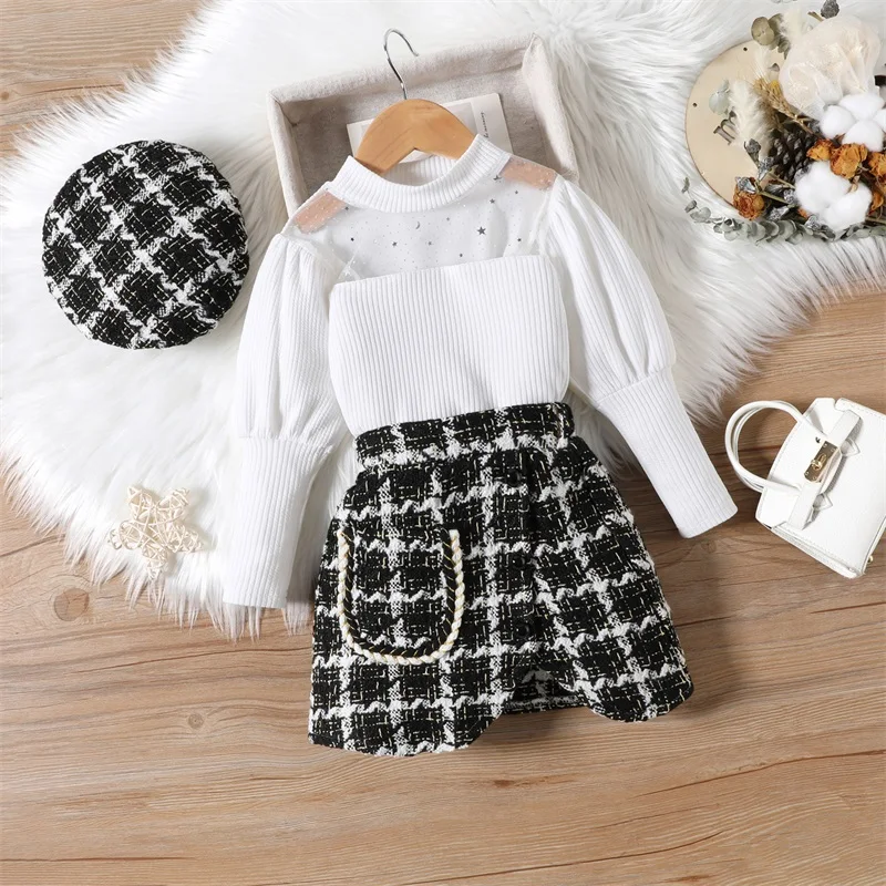 

Kids Girls Fall Outfits Sequins Stars Moon Mesh Patchwork Ribbed Long Sleeve T-Shirts Plaid Skirts Beret Cap 3Pcs Clothes Set