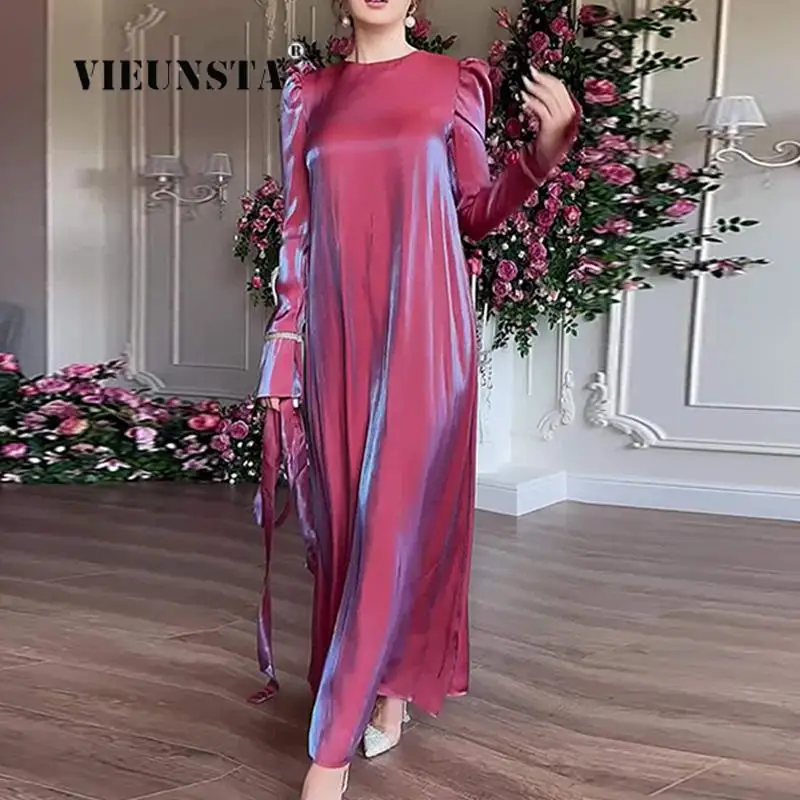 

Elegant Loose Belted Flare Party Lady O-Neck Long Sleeve Club Dresses New Women Spring Fashion Chic Flashing Dress