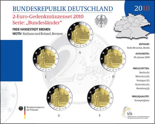 

Germany 2010 Commemorative Coin Bremen City Hall and Warrior Statue Adfgj Mark Five Pieces 2 Euros