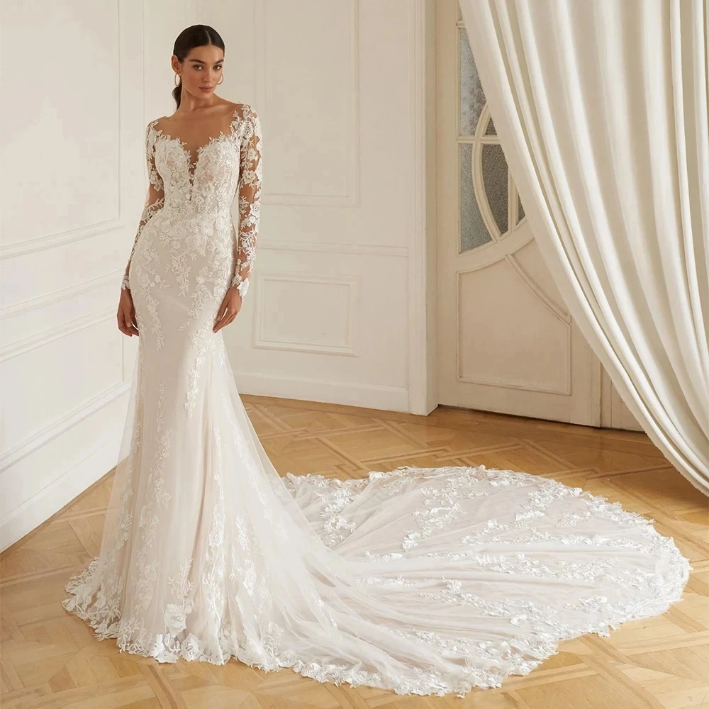 

Lorencia Hot Sale Lace Long Sleeve Wedding Dress Mermaid 2024 V Neck Applique Beading Bride Bridal Gown Vestidos De Novia YMW142