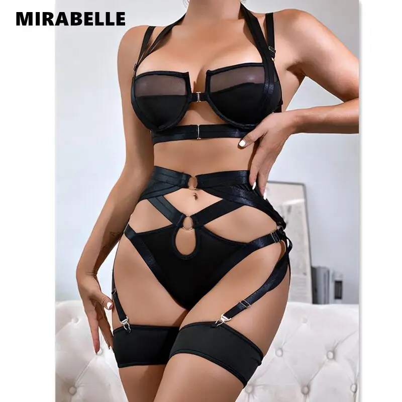

MIRABELLE Sensual Lingerie Set Woman 3 Pieces Erotic Underwear Sexy Halter Push Up Bra And Panty Sets Cut Out Thongs Garters