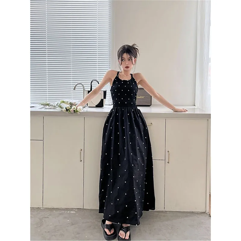 

Black Polka Dot Suspender Dress For Women's 2024 Summer New Spicy Girl Sexy Pure Desire Style Niche Waist Length Skirt