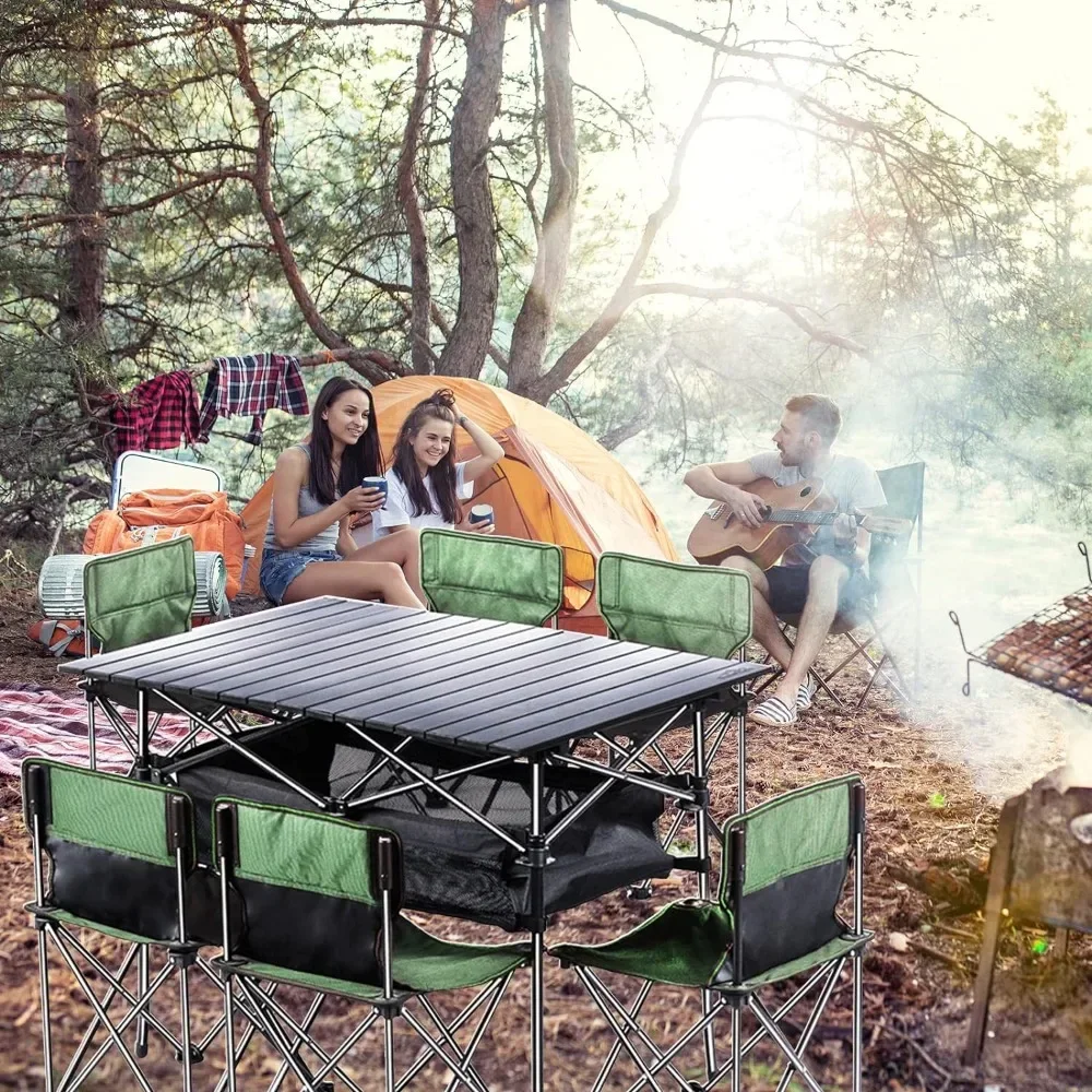 

Folding Camping Table with 6 Chairs, Portable Lightweight Picnic Table for Outdoor Travel, Grill Beaches Party, Backyard BBQ